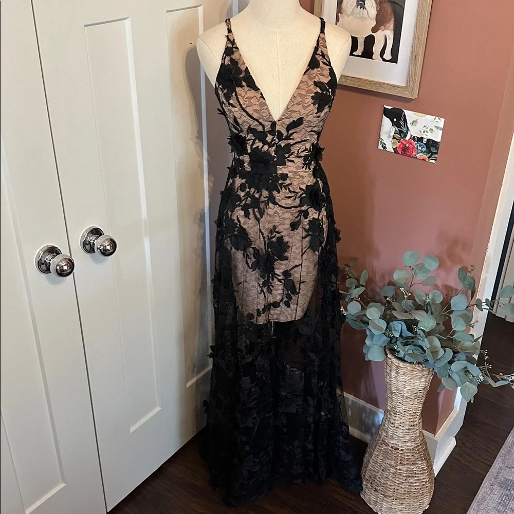 Dress the Population Sidney Black Floral Lace bodycon sheer lace XXS Maxi Dress - Picture 4 of 16